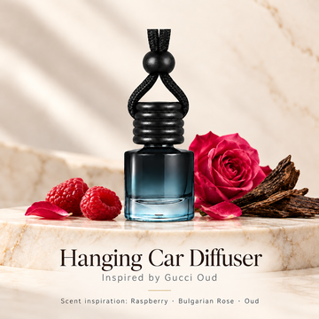 Hanging car diffuser inspired by Gucci Oud, with scent illustrations on warm ivory stone