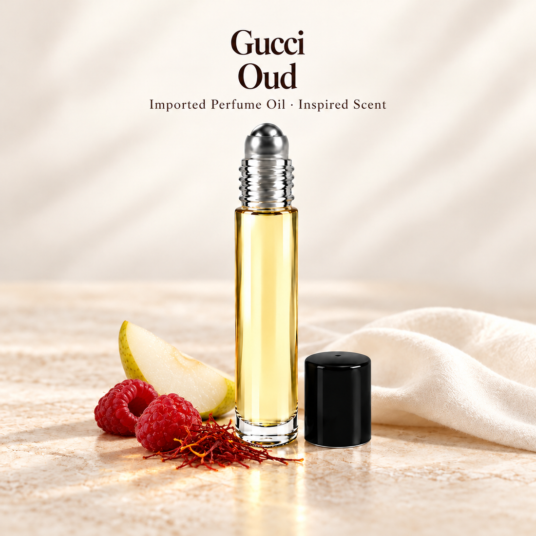 Gucci Oud Perfume Oil with minimal fragrance note accents on soft ivory