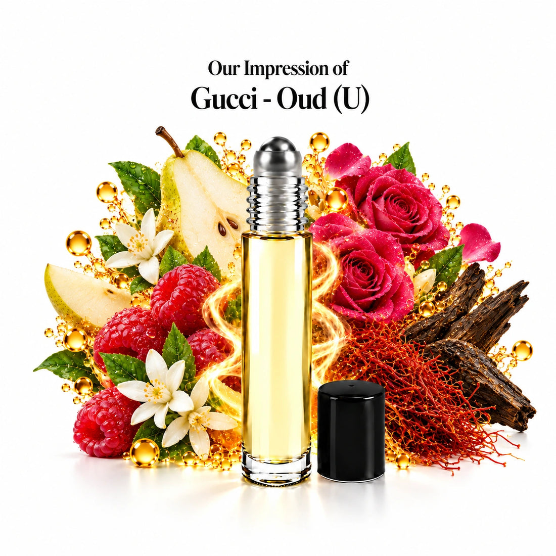 Our impression of Gucci Oud perfume oil with fragrance notes on white