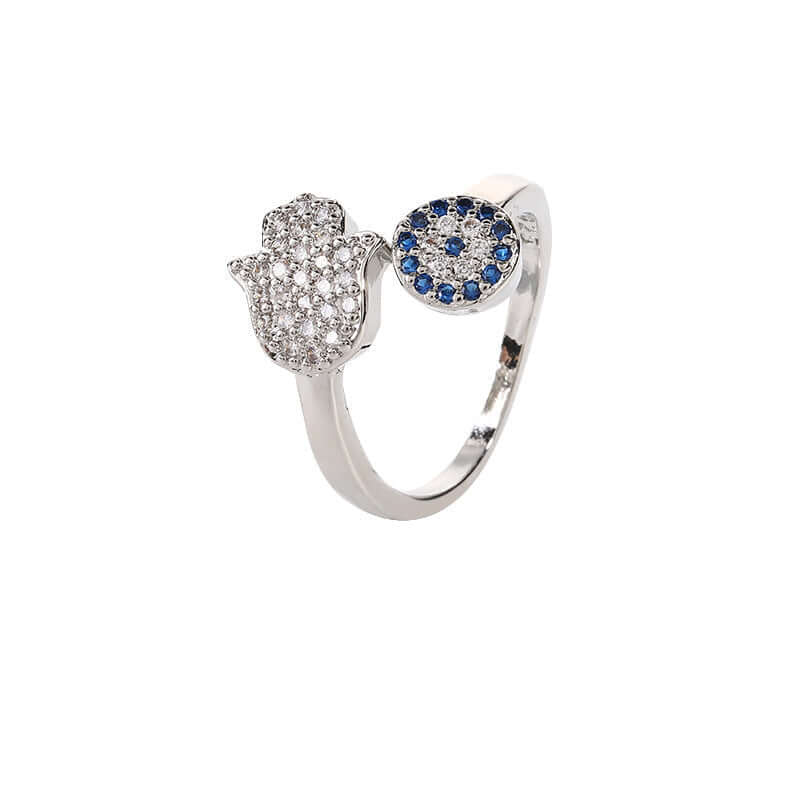 Sterling Silver Adjustable Hamsa Ring for Women and Men with Protective Evil Eye Design.