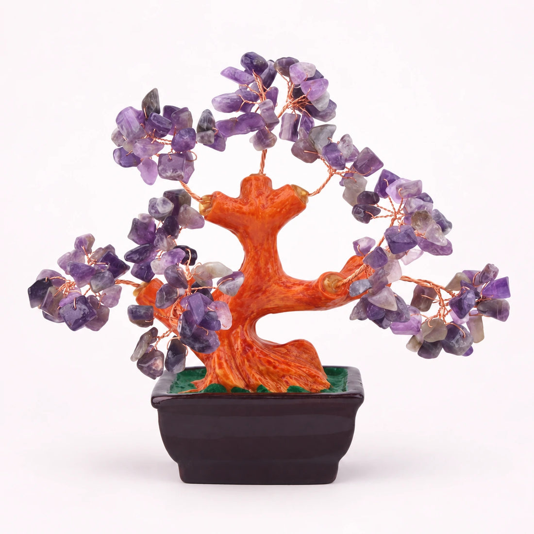 Amethyst Bonsai Crystal Tree on a soft ivory background; view 1.