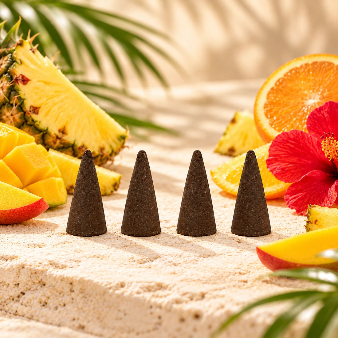 Hawaiian Punch Incense Cones on cream stone.