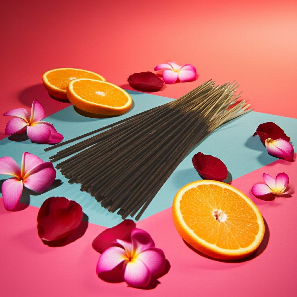 Hawaiian Punch Incense Sticks with sliced oranges and flowers on a colorful background