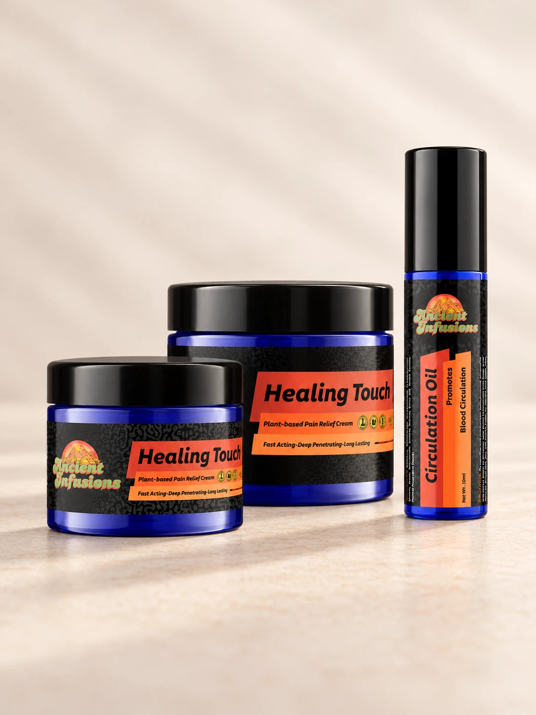 Ancient Infusions Healing Touch cream and Circulation Oil on a warm ivory background