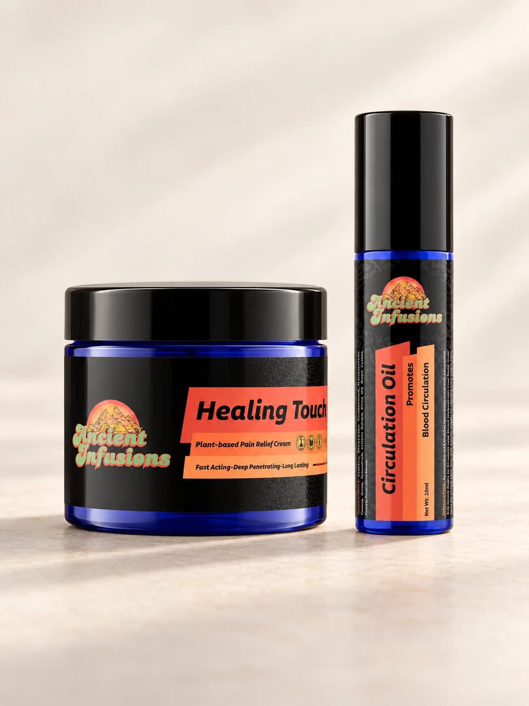 Ancient Infusions Healing Touch cream and Circulation Oil on a warm ivory background