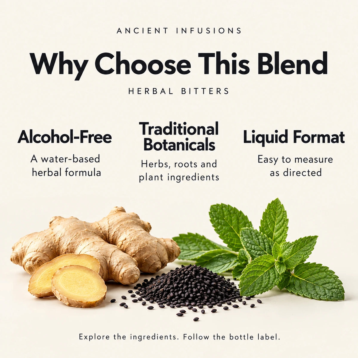 Herbal bitters features: alcohol-free water-based formula, traditional botanical ingredients and liquid format.