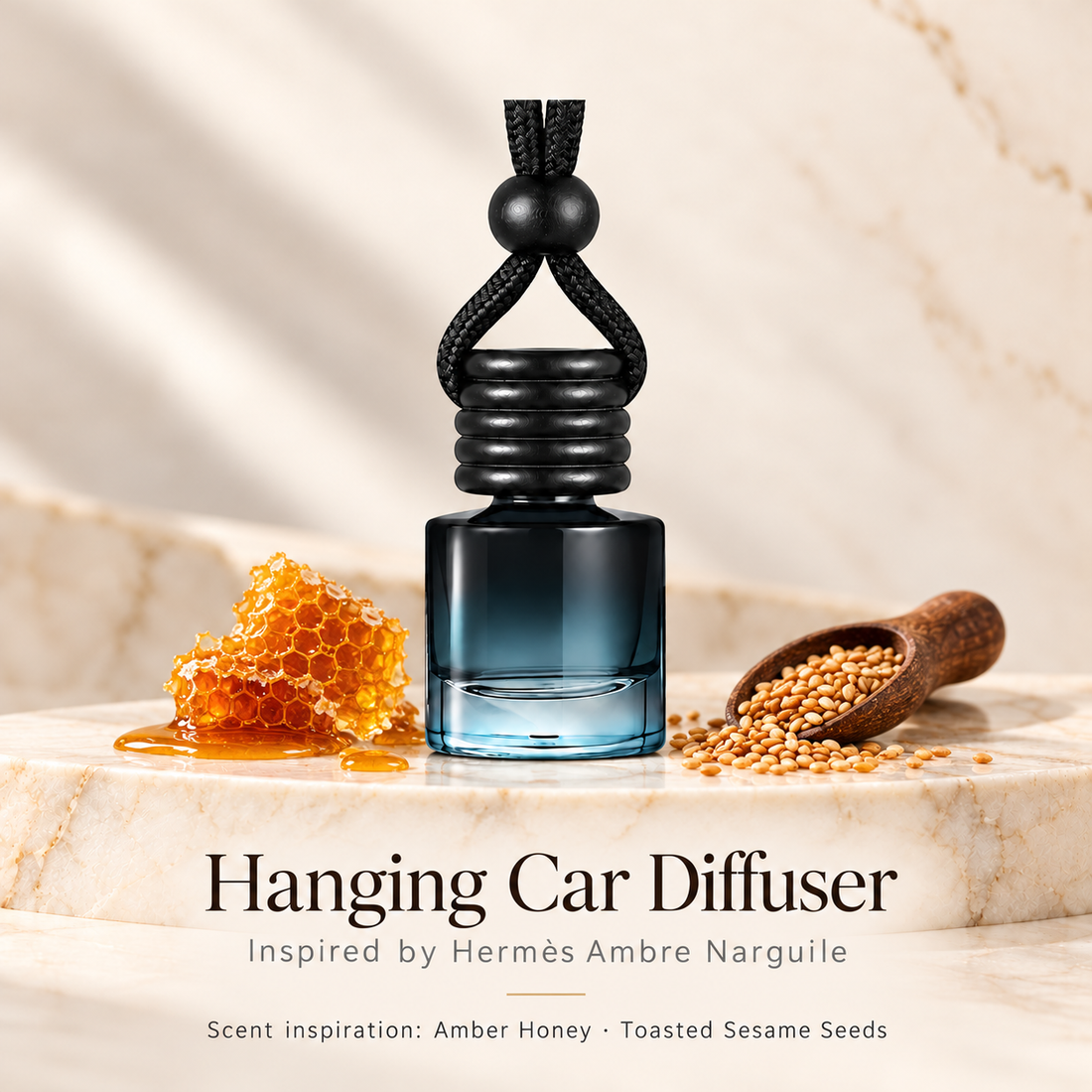 Hanging car diffuser inspired by Hermès Ambre Narguile, with scent illustrations on warm ivory stone