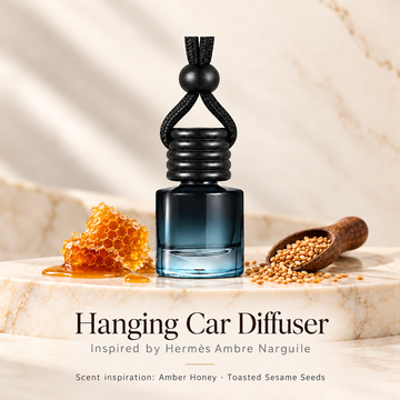 Hanging car diffuser inspired by Hermès Ambre Narguile, with scent illustrations on warm ivory stone