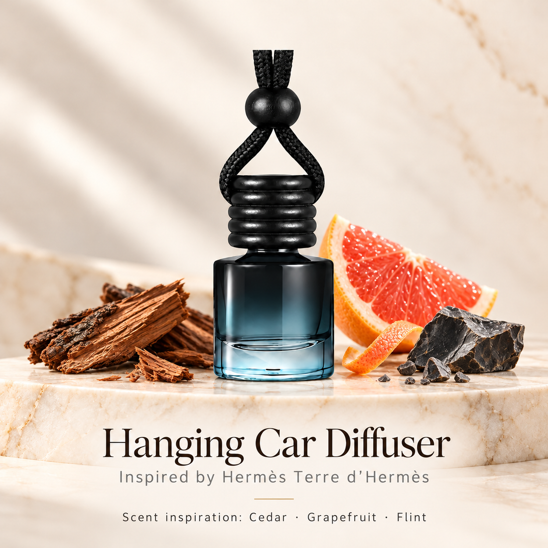 Hanging car diffuser inspired by Hermès Terre d’Hermès, with scent illustrations on warm ivory stone