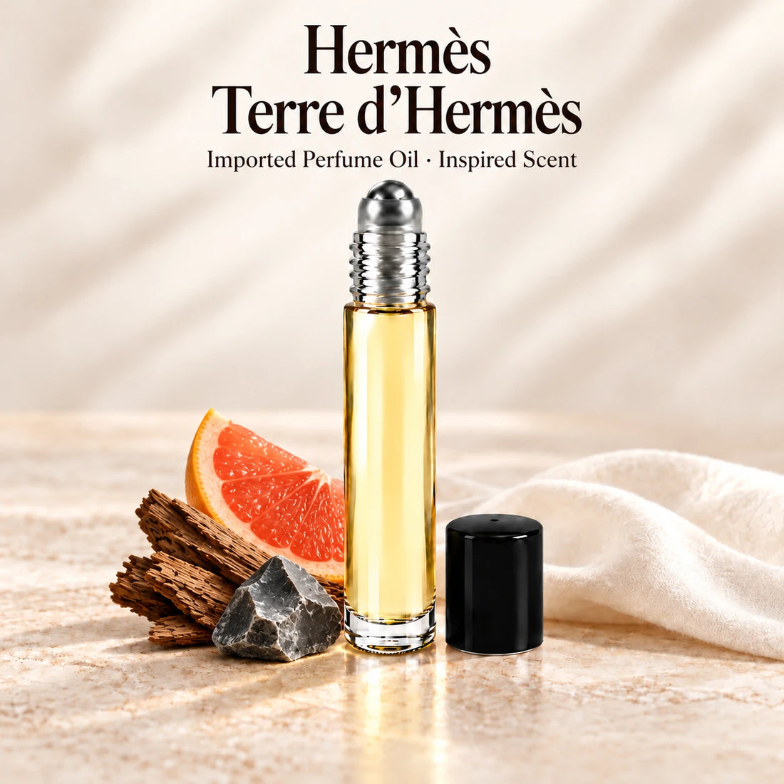 Hermès Terre d’Hermès Perfume Oil in a slim glass roll-on bottle with a silver roller and black cap on an ivory stone surface.
