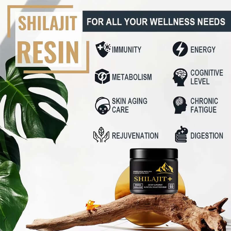Pure Himalayan Shilajit Resin Supplement for wellness, immune support, energy, and digestion on a natural backdrop.