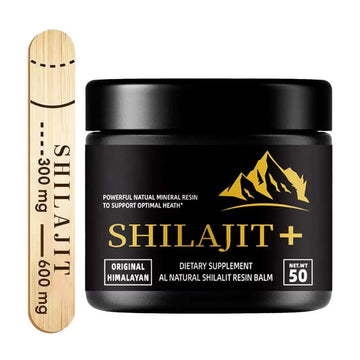 Alt Tag: Pure Himalayan Shilajit Resin Supplement in a 50g jar with wooden measurement stick