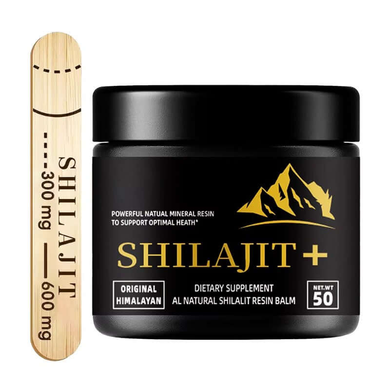 Alt Tag: Pure Himalayan Shilajit Resin Supplement in a 50g jar with wooden measurement stick