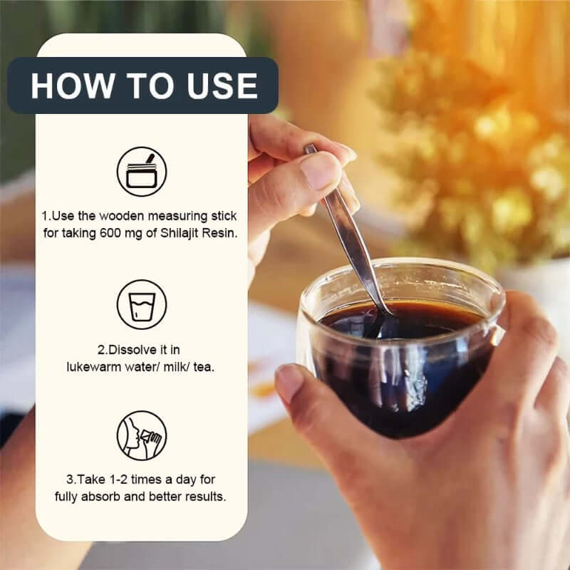 Instructions for Pure Himalayan Shilajit Resin Supplement preparation and usage with lukewarm water, milk, or tea for best results.