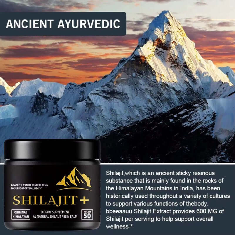 Pure Himalayan Shilajit Resin Supplement against Himalayan mountains backdrop