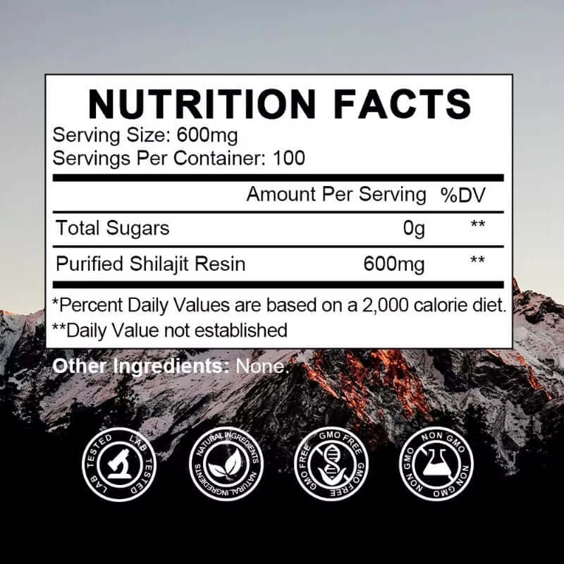 Nutrition facts for Pure Himalayan Shilajit Resin Supplement with serving size and other ingredients details.