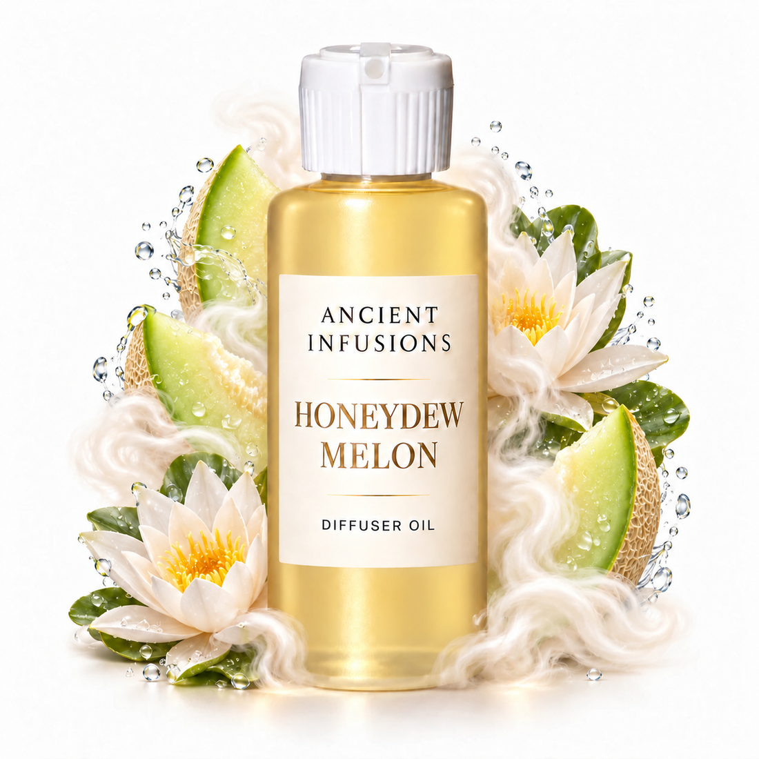 Honeydew Melon Diffuser Oil by Ancient Infusions with golden oil, white cap and matching scent artwork