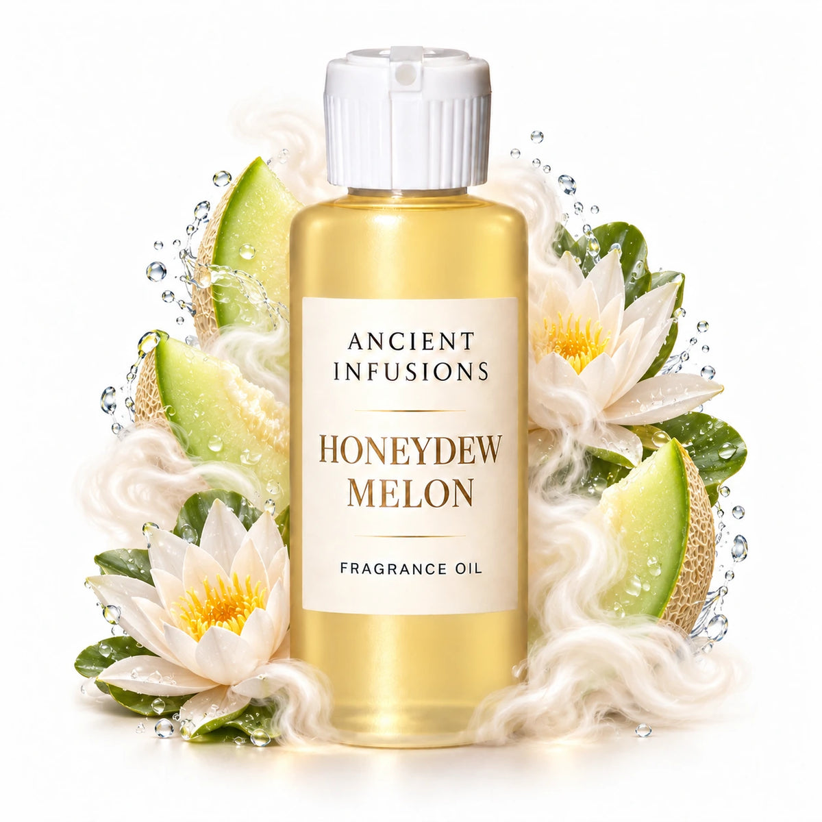 Honeydew Melon fragrance oil by Ancient Infusions, with pale yellow oil and a tight halo representing fresh honeydew, water lily, soft musk.