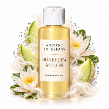 Honeydew Melon fragrance oil by Ancient Infusions, with pale yellow oil and a tight halo representing fresh honeydew, water lily, soft musk.