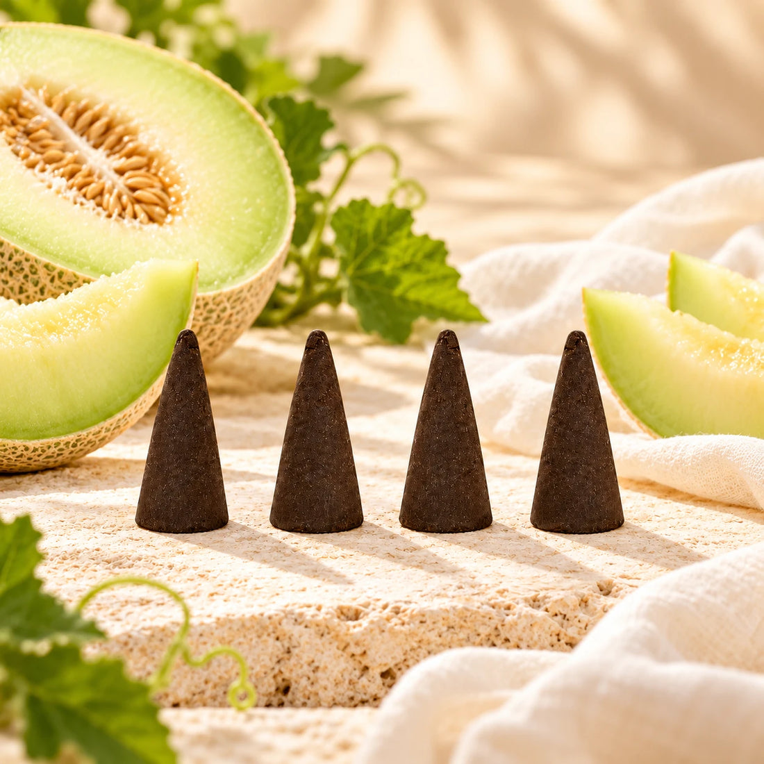 Honeydew Melon Incense Cones on cream stone.