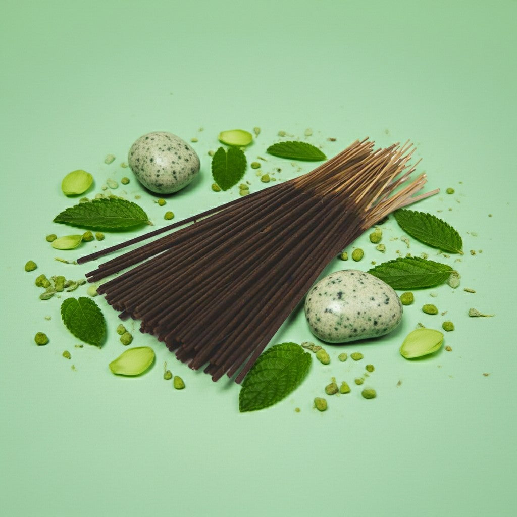 Honeydew Melon Incense Sticks with green leaves and stones on a green background