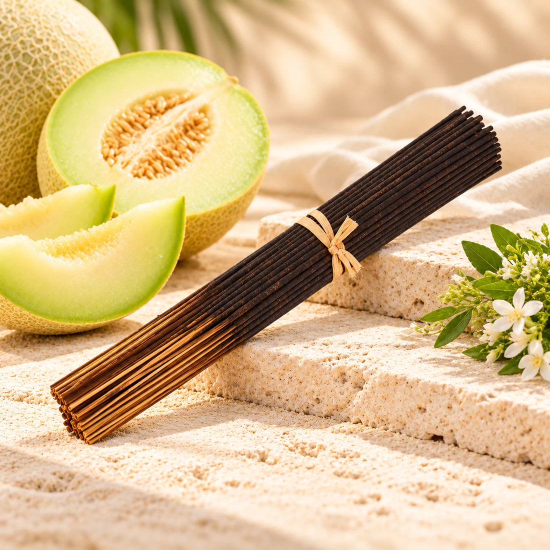 Honeydew Melon Incense Sticks on cream stone.