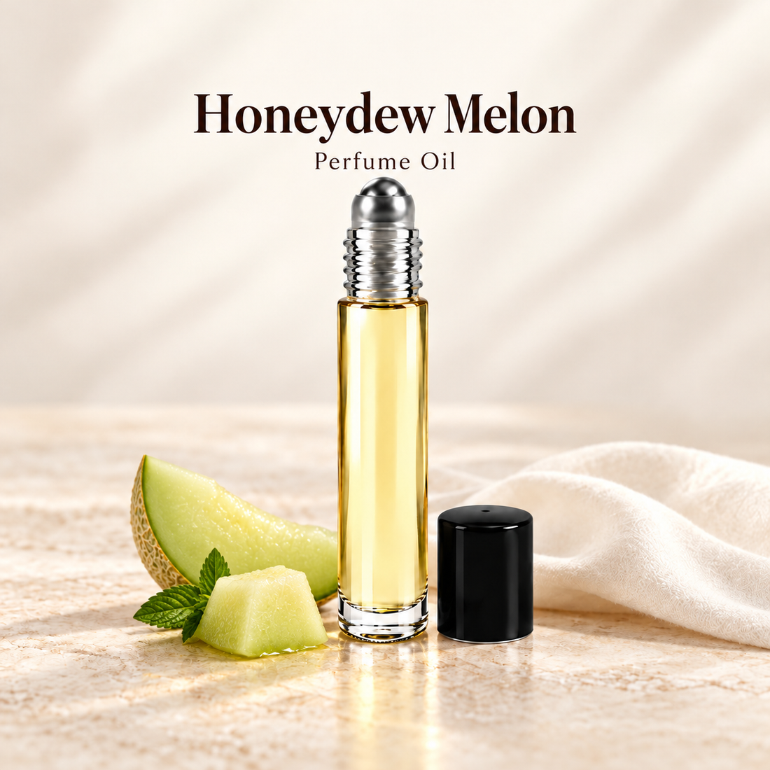 Honeydew Melon Perfume Oil with simple scent note accents on soft ivory
