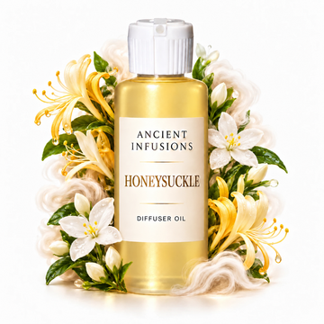 Honeysuckle Diffuser Oil by Ancient Infusions with golden oil, white cap and matching scent artwork