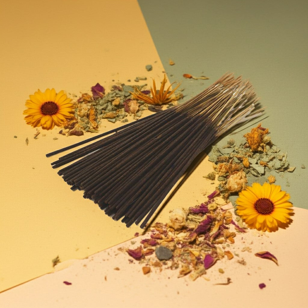Honeysuckle Incense Sticks with dried flowers and herbs on a colorful background