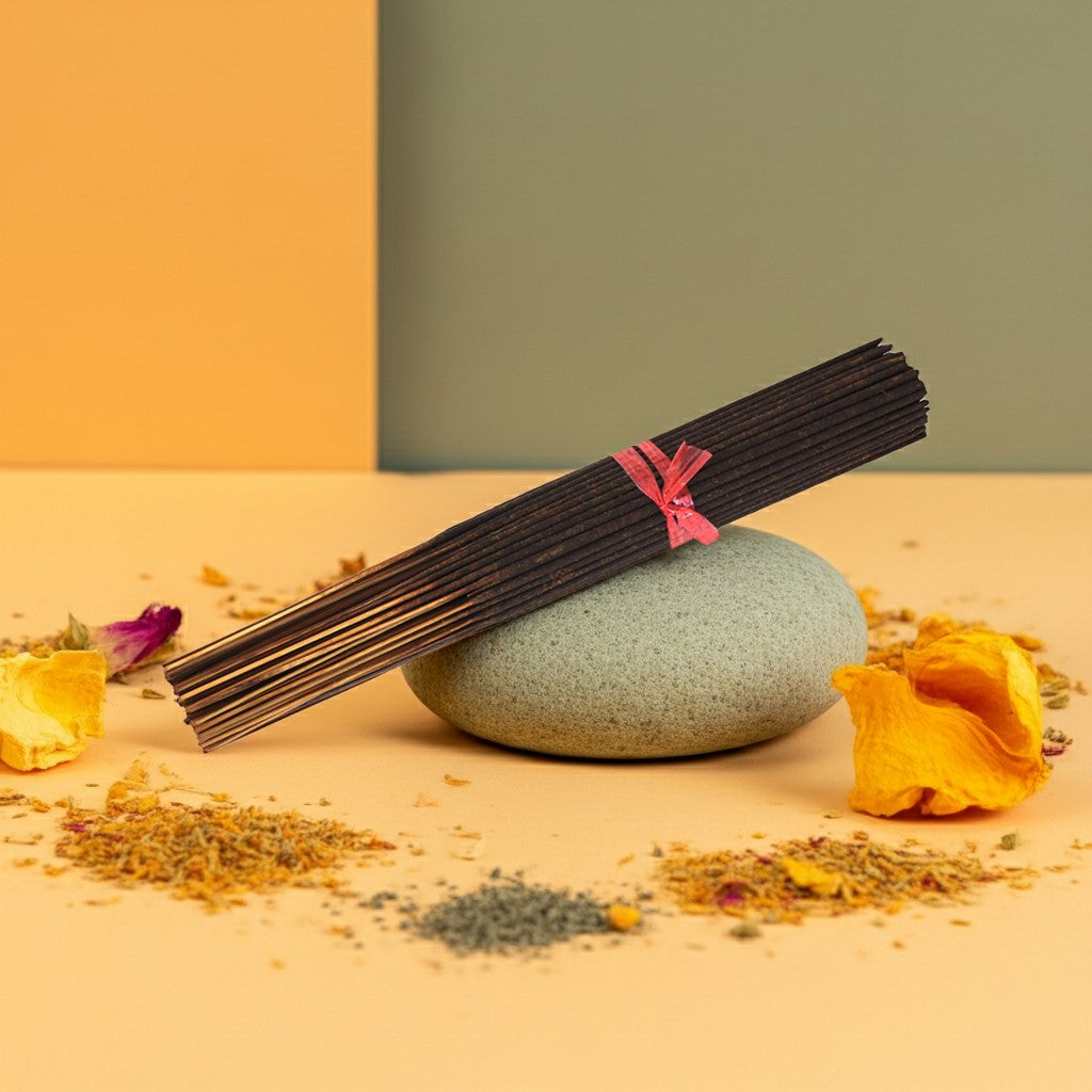 Honeysuckle Incense Sticks tied with a pink ribbon on a stone with flowers and herbs around, against a yellow and green background.
