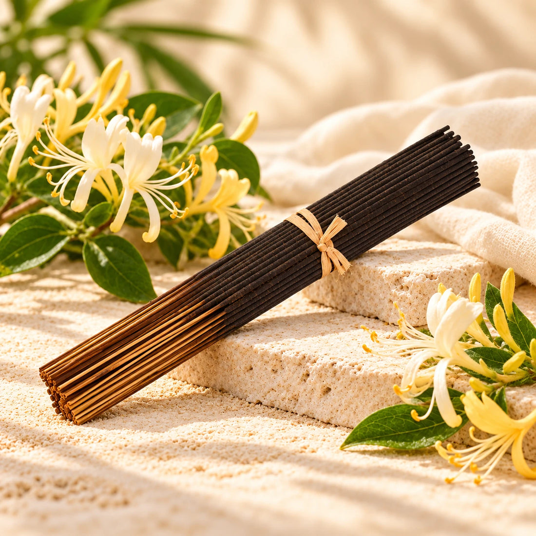 Honeysuckle Incense Sticks on cream stone.