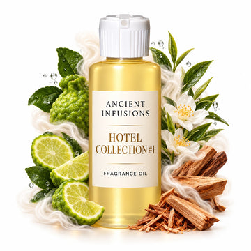 Hotel Collection #1 fragrance oil by Ancient Infusions, with pale yellow oil and a tight halo representing bergamot, white tea, sandalwood.