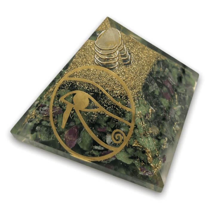 Ruby Zoisite Orgone Pyramid for heart chakra healing and energy alignment.