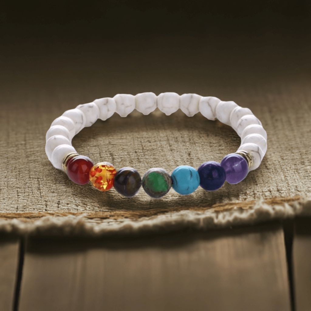 Howlite 7 Chakra Elastic Bracelet – Balance and Calming Energy for Men and Women.