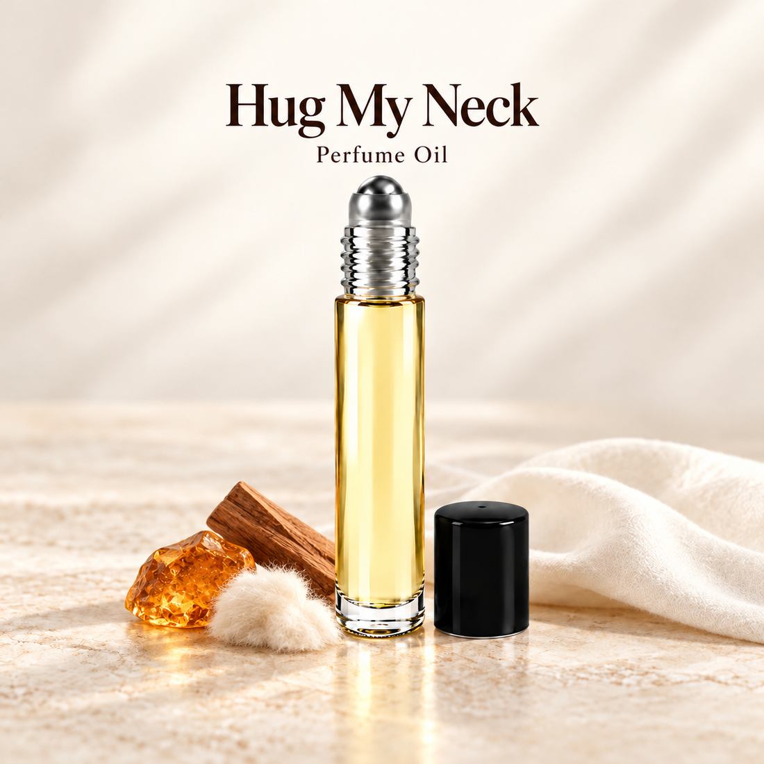 Hug My Neck Perfume Oil with simple scent note accents on soft ivory