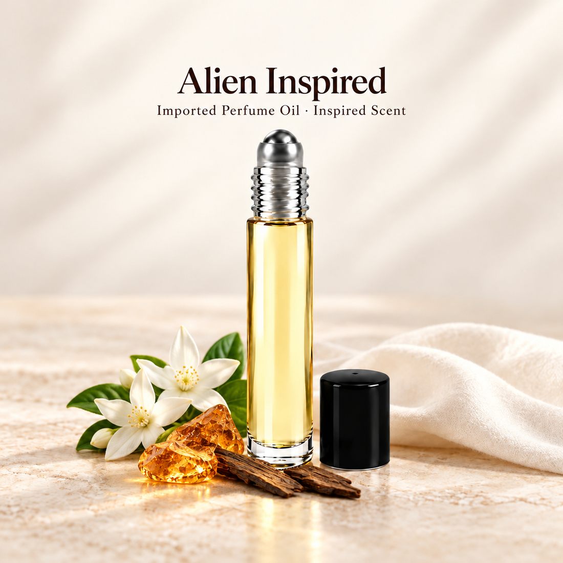 Imported Alien Inspired Perfume Oil with minimal fragrance note accents on soft ivory