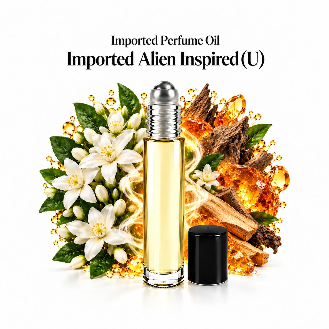 Imported Alien Inspired (U) perfume oil with a centered roll-on bottle and fragrance-note arrangement, generous white margins.