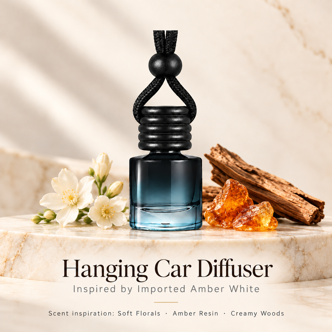 Hanging car diffuser inspired by Imported Amber White, with scent illustrations on warm ivory stone