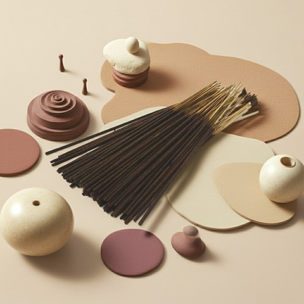 Decorative items including ceramic pieces and Imported Amber White Incense Sticks on a beige background