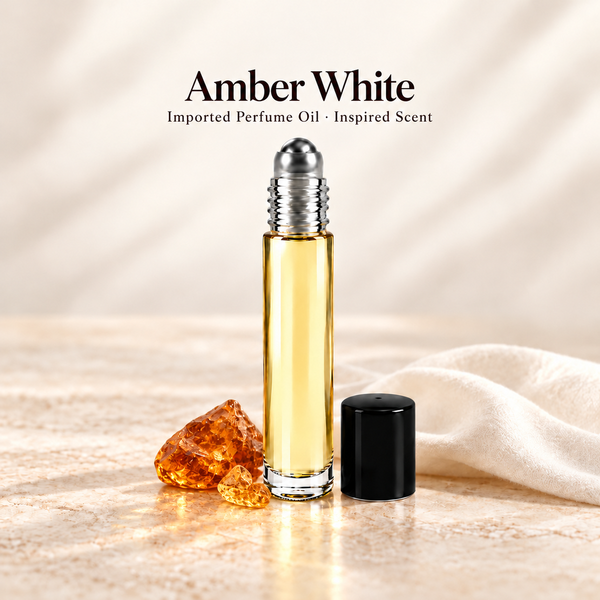 Imported Amber White Perfume Oil with minimal fragrance note accents on soft ivory