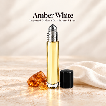 Imported Amber White Perfume Oil with minimal fragrance note accents on soft ivory