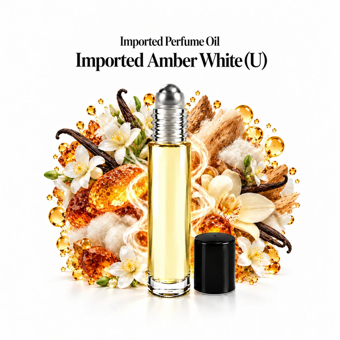Imported Amber White (U) perfume oil with a centered roll-on bottle and fragrance-note arrangement, generous white margins.