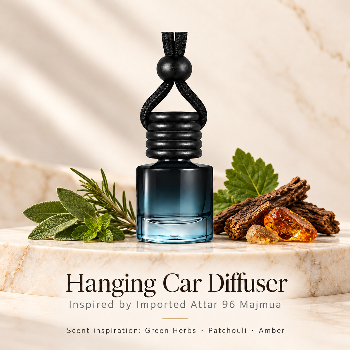 Hanging car diffuser inspired by Imported Attar 96 Majmua, with scent illustrations on warm ivory stone