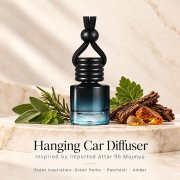 Hanging car diffuser inspired by Imported Attar 96 Majmua, with scent illustrations on warm ivory stone