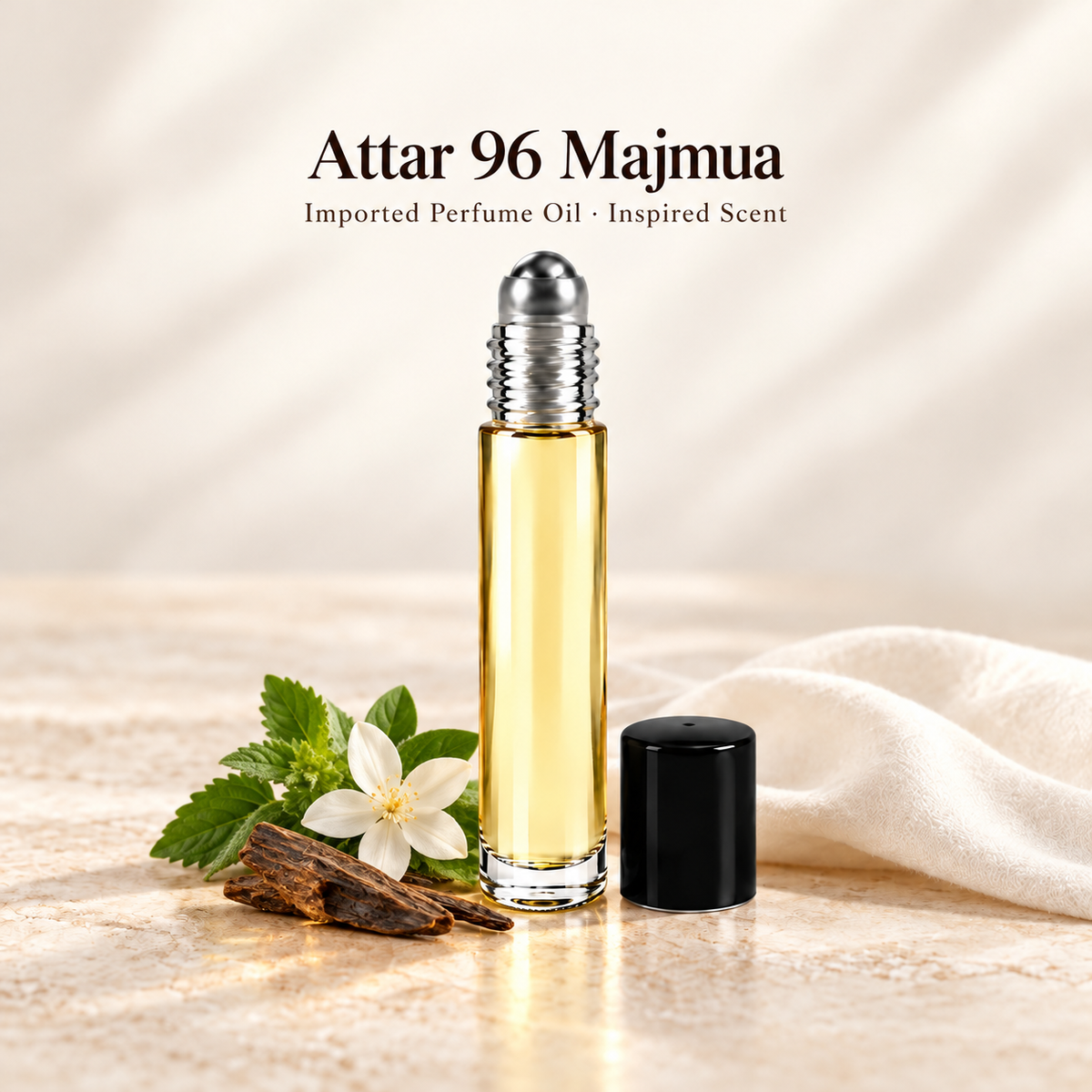 Imported Attar 96 Majmua Perfume Oil with minimal fragrance note accents on soft ivory