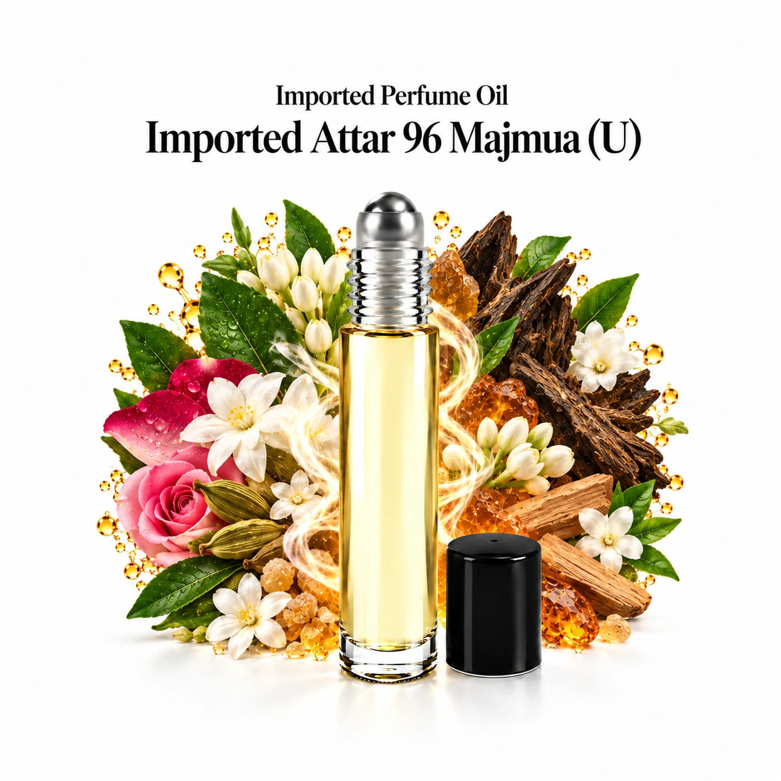 Imported Attar 96 Majmua (U) perfume oil with a centered roll-on bottle and fragrance-note arrangement, generous white margins.