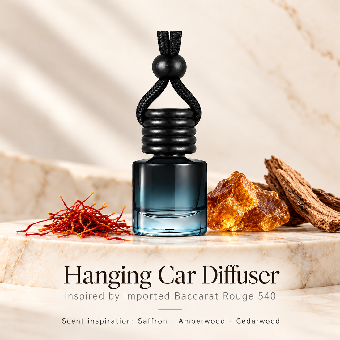 Hanging car diffuser inspired by Imported Baccarat Rouge 540, with scent illustrations on warm ivory stone