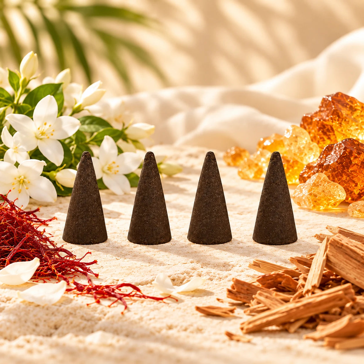 Imported Baccarat Rouge 540 Incense Cones on cream stone.