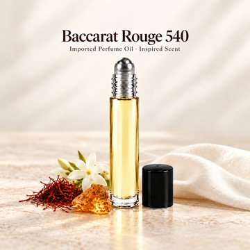 Imported Baccarat Rouge 540 Perfume Oil with minimal fragrance note accents on soft ivory