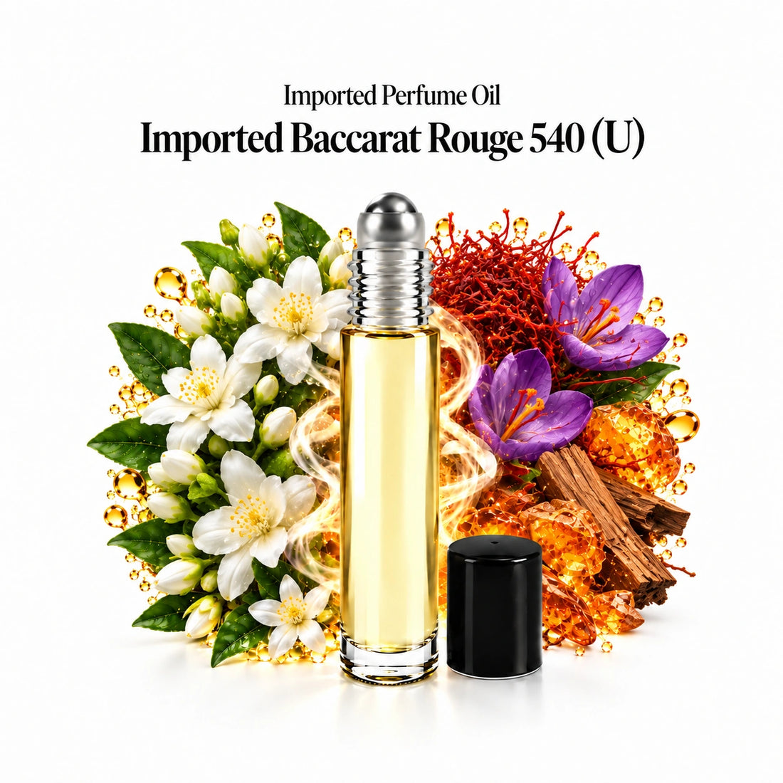Imported Baccarat Rouge 540 (U) perfume oil with a centered roll-on bottle and fragrance-note arrangement, generous white margins.